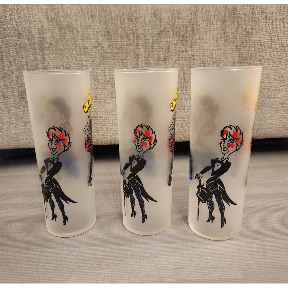 Vtg Frosted Glass Pin Up Girl Can Can Tumblers Set of 3 Retro Tom Collins